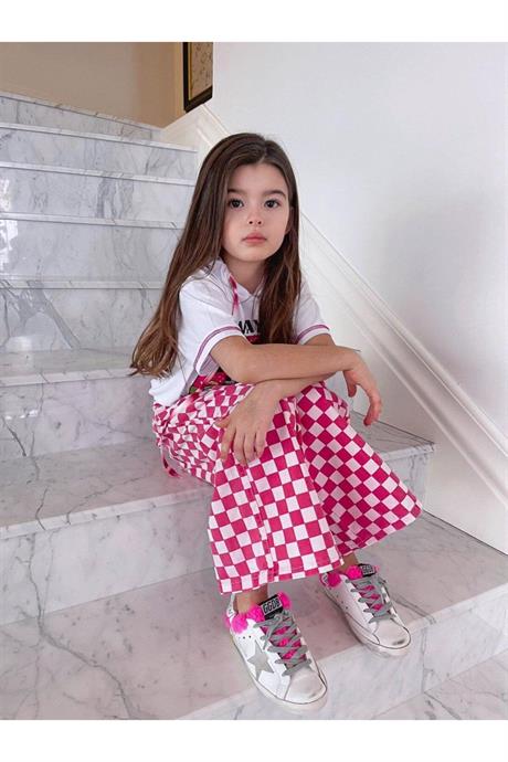Kız Çocuk Kapüşonlu Mantar Baskılı Tişört Damalı Fuşya Kot Pantolon 2'li Takım FUŞYA 14 Yaş