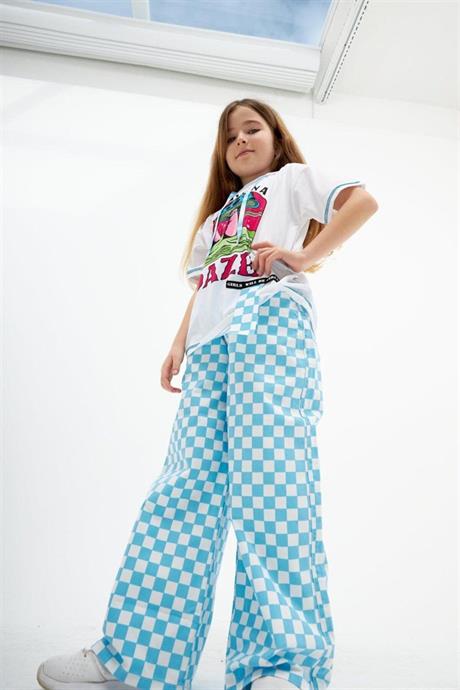 Kız Çocuk Kapüşonlu Mantar Baskılı Tişört Damalı Fuşya Kot Pantolon 2'li Takım MAVİ 4 Yaş