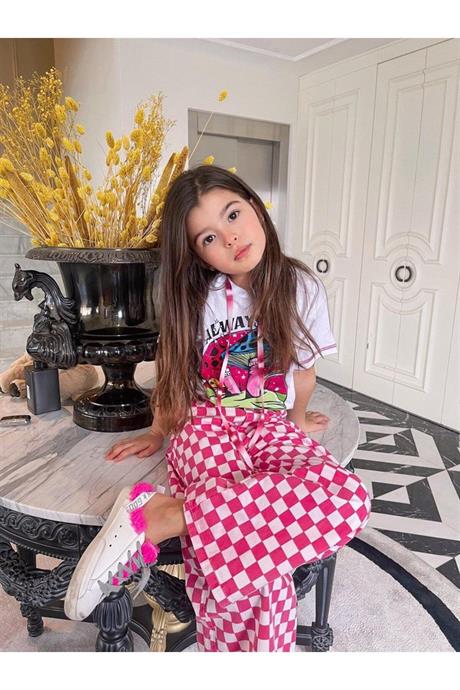 Kız Çocuk Kapüşonlu Mantar Baskılı Tişört Damalı Fuşya Kot Pantolon 2'li Takım FUŞYA 10 Yaş