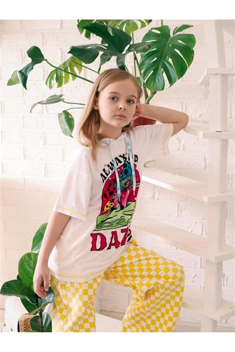 Kız Çocuk Kapüşonlu Mantar Baskılı Tişört Damalı Fuşya Kot Pantolon 2'li Takım SARI 4 Yaş