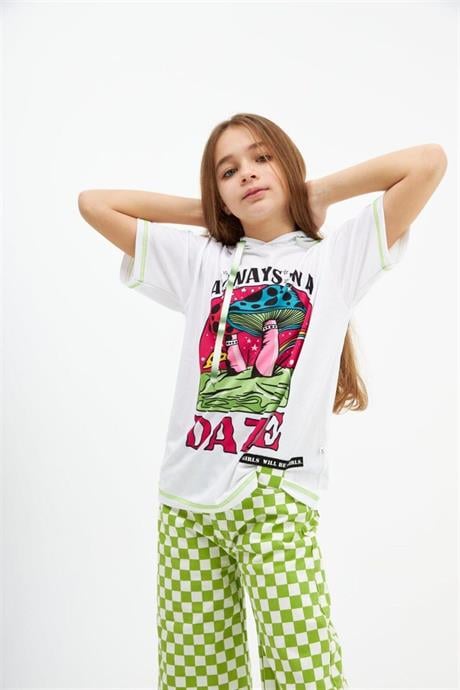 Kız Çocuk Kapüşonlu Mantar Baskılı Tişört Damalı Fuşya Kot Pantolon 2'li Takım YEŞİL 6 Yaş