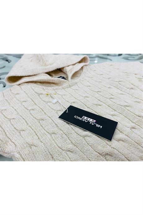 Kız Çocuk Kapüşonlu Saç Örgü Triko Elbise Kolluk Ve Tozluk 3'lü Takım Beyaz 8 Yaş