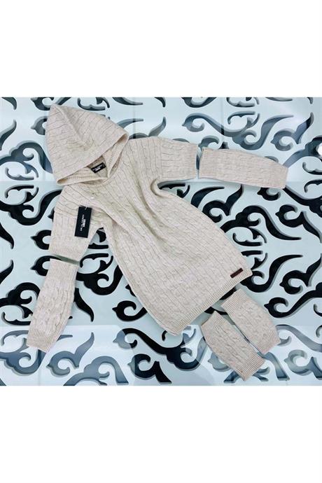 Kız Çocuk Kapüşonlu Saç Örgü Triko Elbise Kolluk Ve Tozluk 3'lü Takım Beyaz 8 Yaş