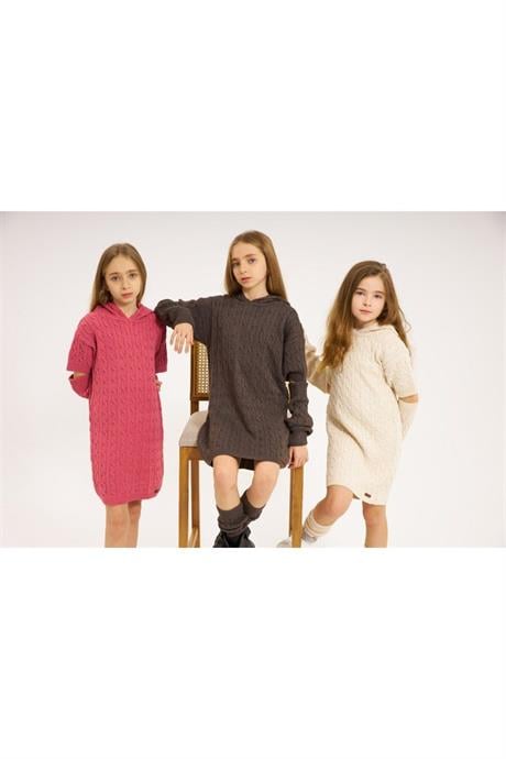 Kız Çocuk Kapüşonlu Saç Örgü Triko Elbise Kolluk Ve Tozluk 3'lü Takım Beyaz 6 Yaş