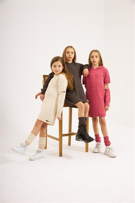 Kız Çocuk Kapüşonlu Saç Örgü Triko Elbise Kolluk Ve Tozluk 3'lü Takım Beyaz 8 Yaş