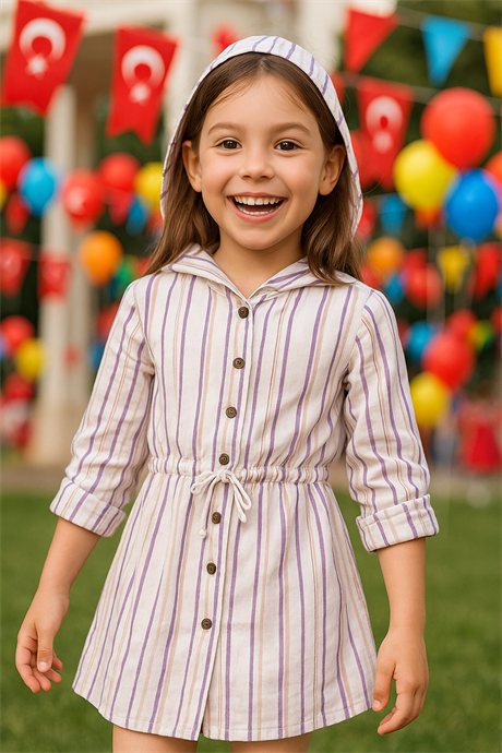 Kız Çocuk Kapüşonlu Simli Gömlek Elbise Mor 10 Yaş