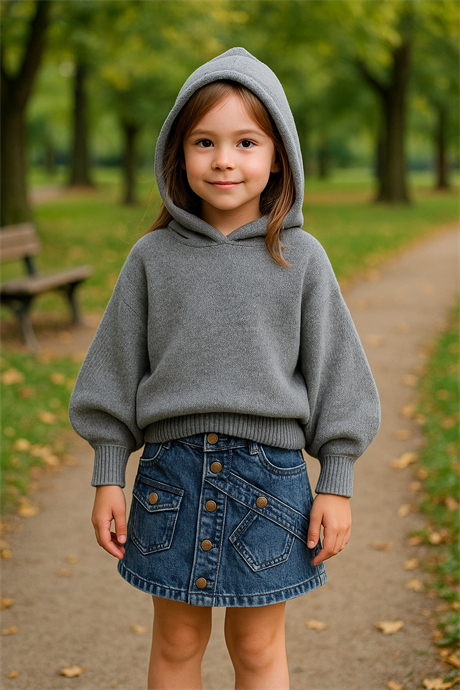 Kız Çocuk Kapüşonlu Triko Sweatshirt Asimetrik Kesim Kot Etek 2'li Takım Gri 10 Yaş