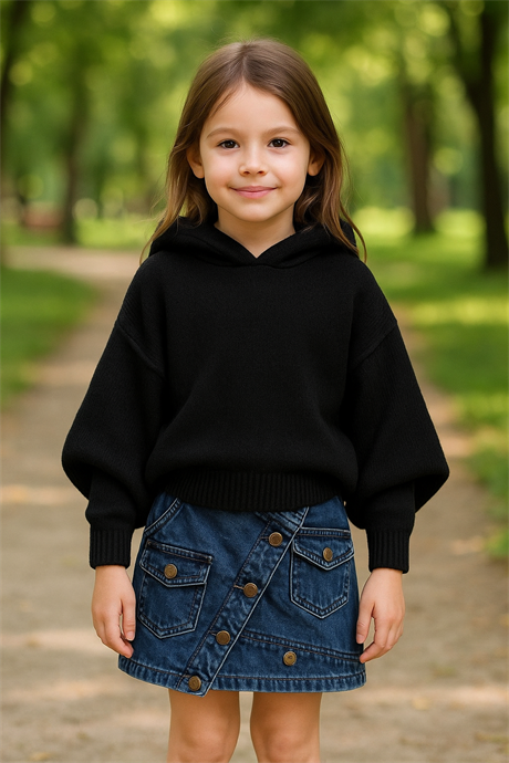 Kız Çocuk Kapüşonlu Triko Sweatshirt Asimetrik Kesim Kot Etek 2'li Takım Siyah 14 Yaş