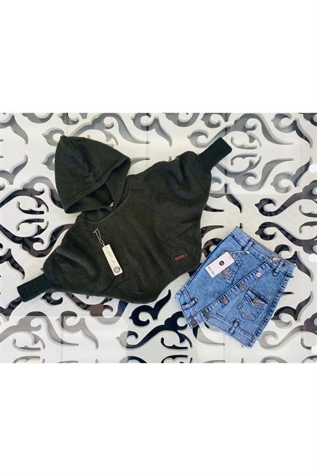 Kız Çocuk Kapüşonlu Triko Sweatshirt Asimetrik Kesim Kot Etek 2'li Takım Haki 8 Yaş