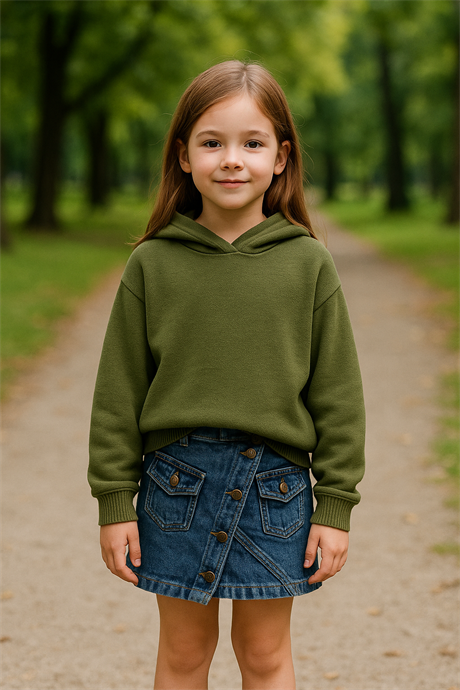 Kız Çocuk Kapüşonlu Triko Sweatshirt Asimetrik Kesim Kot Etek 2'li Takım Haki 8 Yaş