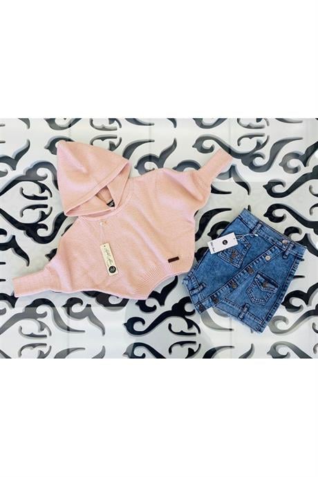 Kız Çocuk Kapüşonlu Triko Sweatshirt Asimetrik Kesim Kot Etek 2'li Takım Pudra 6 Yaş