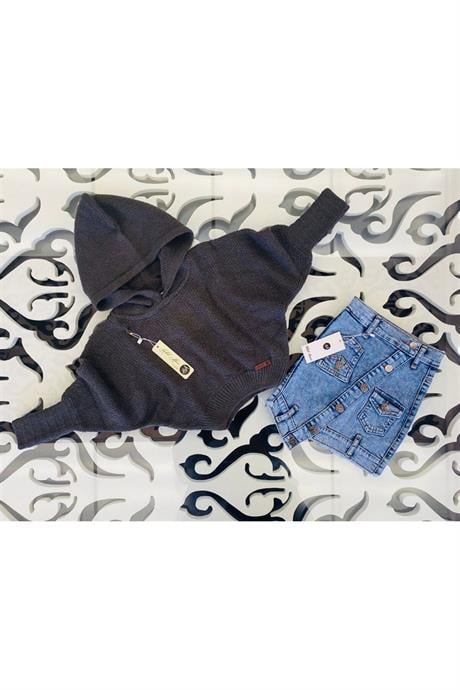 Kız Çocuk Kapüşonlu Triko Sweatshirt Asimetrik Kesim Kot Etek 2'li Takım Siyah 12 Yaş