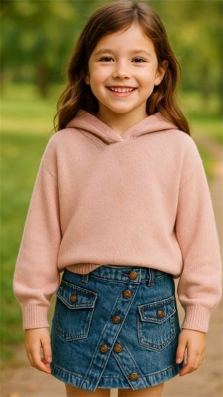 Kız Çocuk Kapüşonlu Triko Sweatshirt Asimetrik Kesim Kot Etek 2'li Takım Pudra 4 Yaş