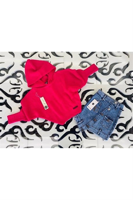 Kız Çocuk Kapüşonlu Triko Sweatshirt Asimetrik Kesim Kot Etek 2'li Takım Fuşya 14 Yaş