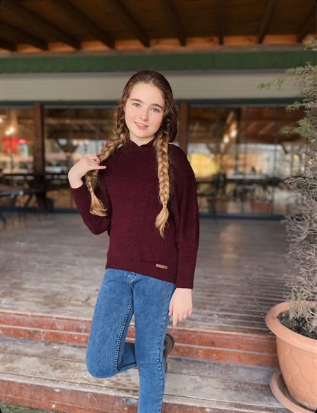 Kız Çocuk Kapüşonlu Triko Sweatshirt Kot Pantolon 2'li Takım Bordo 6 Yaş
