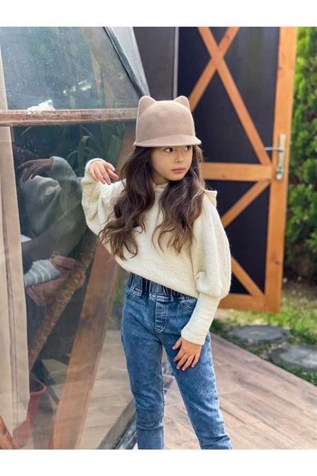 Kız Çocuk Kapüşonlu Triko Sweatshirt Kot Pantolon 2'li Takım Beyaz 10 Yaş