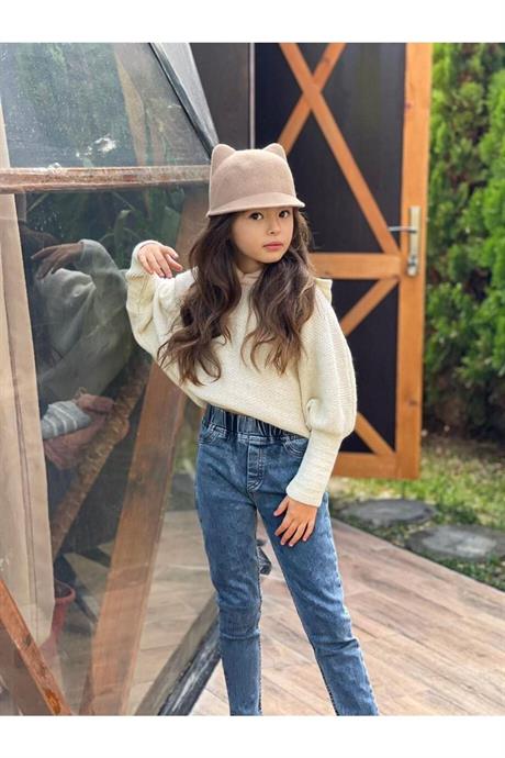 Kız Çocuk Kapüşonlu Triko Sweatshirt Kot Pantolon 2'li Takım Beyaz 10 Yaş