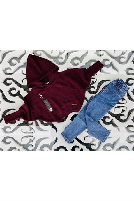 Kız Çocuk Kapüşonlu Triko Sweatshirt Kot Pantolon 2'li Takım Bordo 12 Yaş