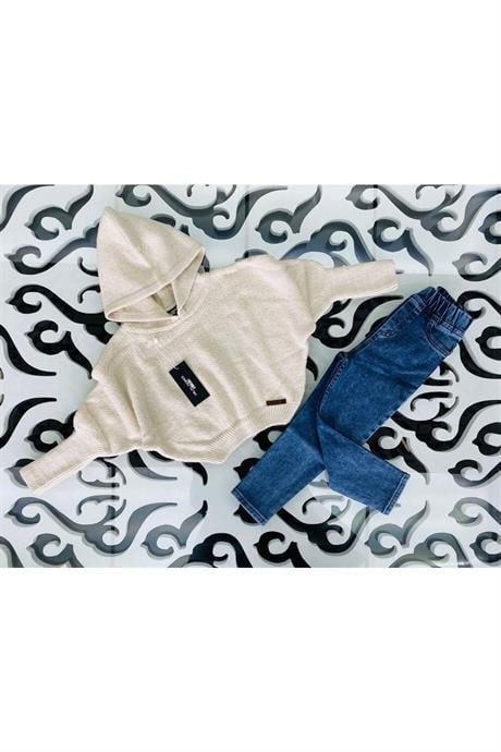 Kız Çocuk Kapüşonlu Triko Sweatshirt Kot Pantolon 2'li Takım Beyaz 4 Yaş