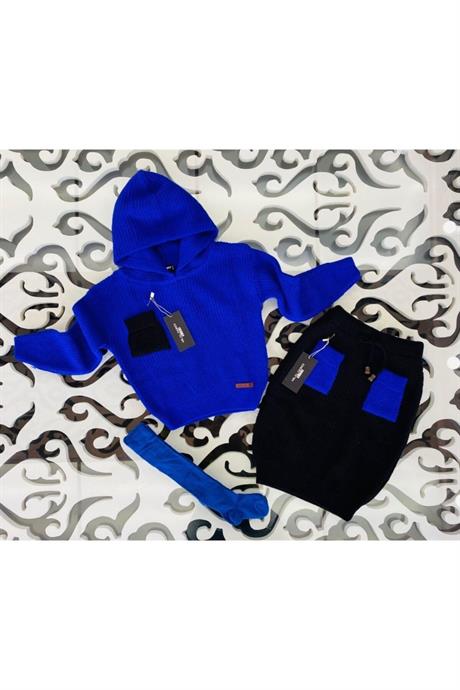 Kız Çocuk Kapüşonlu Triko Sweatshirt Renkli Cepli Etek 3'lü Takım