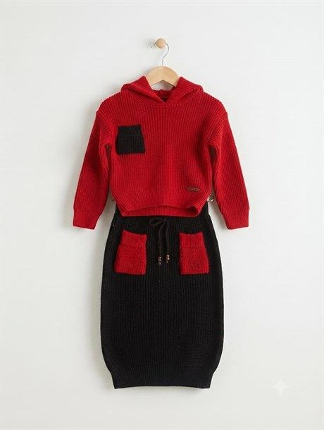 Kız Çocuk Kapüşonlu Triko Sweatshirt Renkli Cepli Etek 2'lü Takım