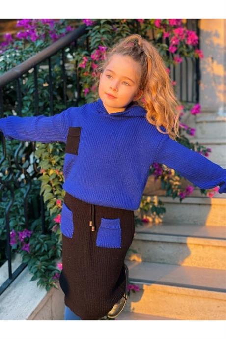 Kız Çocuk Kapüşonlu Triko Sweatshirt Renkli Cepli Etek 3'lü Takım