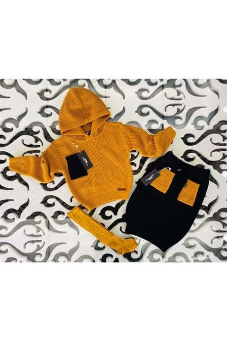 Kız Çocuk Kapüşonlu Triko Sweatshirt Renkli Cepli Etek 3'lü Takım HARDAL 8 Yaş