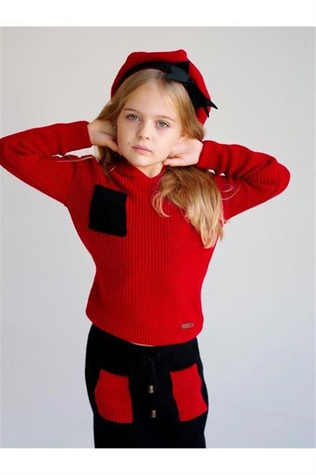 Kız Çocuk Kapüşonlu Triko Sweatshirt Renkli Cepli Etek 3'lü Takım KIRMIZI 12 Yaş