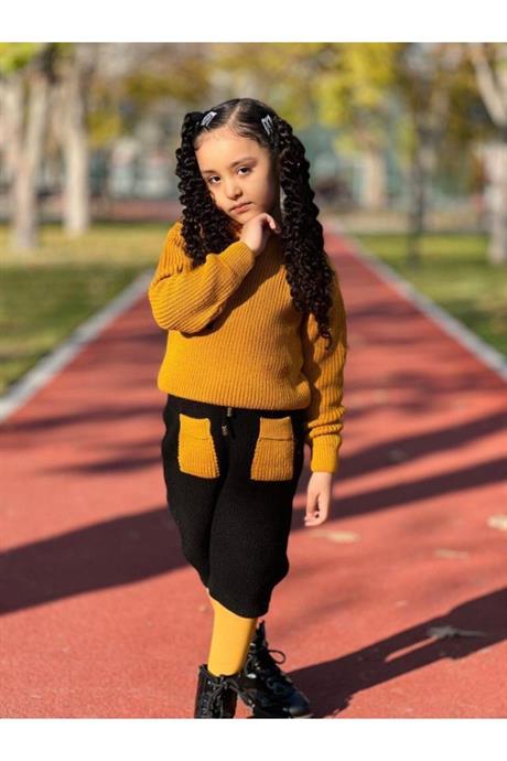Kız Çocuk Kapüşonlu Triko Sweatshirt Renkli Cepli Etek 3'lü Takım HARDAL 14 Yaş