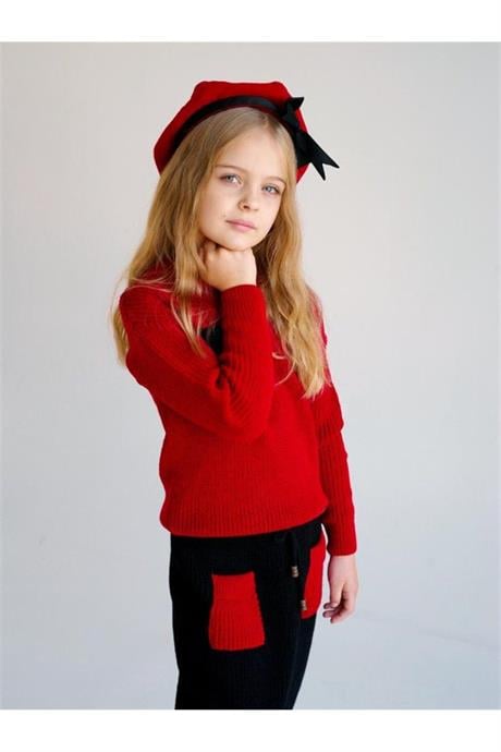 Kız Çocuk Kapüşonlu Triko Sweatshirt Renkli Cepli Etek 3'lü Takım KIRMIZI 14 Yaş