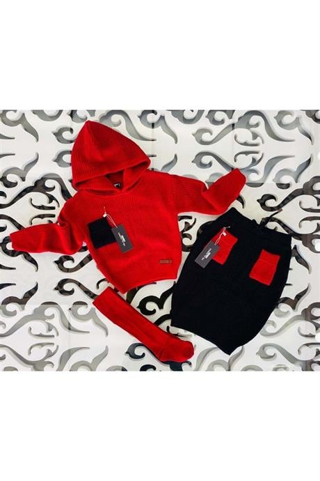 Kız Çocuk Kapüşonlu Triko Sweatshirt Renkli Cepli Etek 3'lü Takım KIRMIZI 10 Yaş