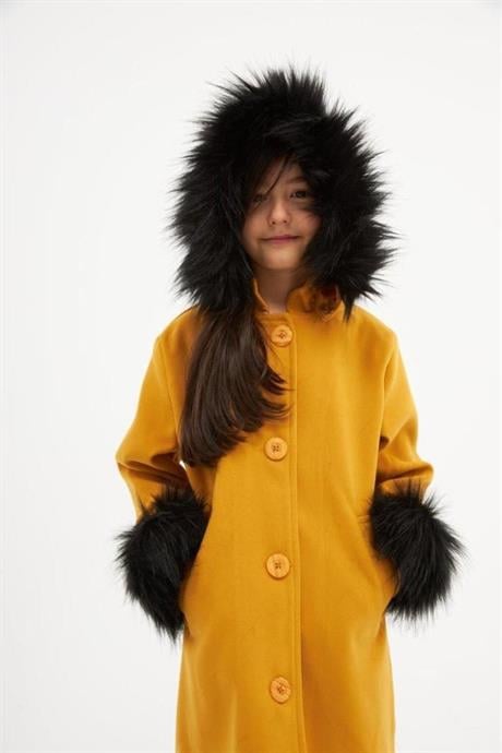 Kız Çocuk Kapüşonu Ve Kolları Kürk Detaylı Kaşe Kaban HARDAL 14 Yaş