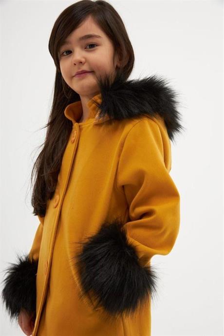 Kız Çocuk Kapüşonu Ve Kolları Kürk Detaylı Kaşe Kaban HARDAL 10 Yaş