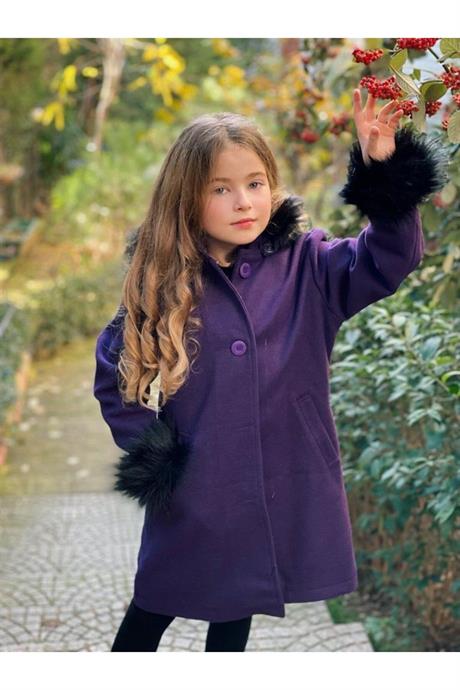 Kız Çocuk Kapüşonu ve Kolları Kürk Detaylı Kaşe Kaban AÇIK MOR 6 Yaş