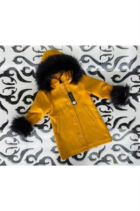Kız Çocuk Kapüşonu Ve Kolları Kürk Detaylı Kaşe Kaban HARDAL 14 Yaş