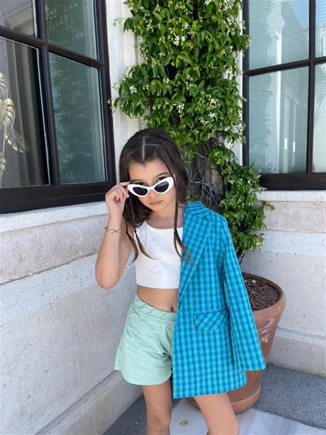 Kız Çocuk Kareli Blazer Ceket Mavi 8 Yaş