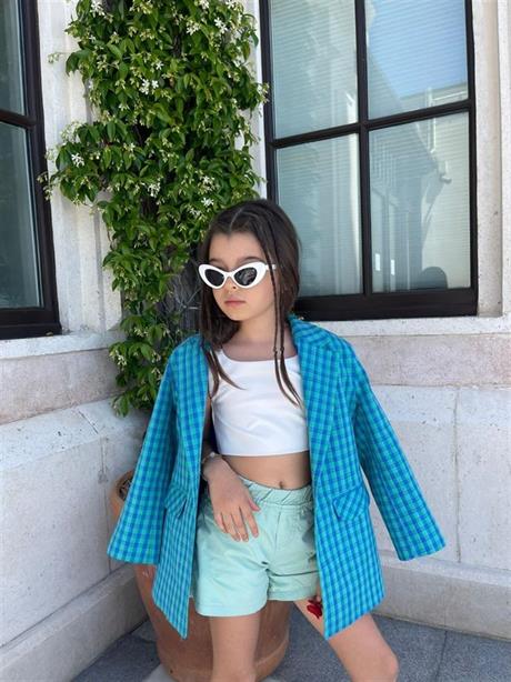 Kız Çocuk Kareli Blazer Ceket Mavi 4 Yaş