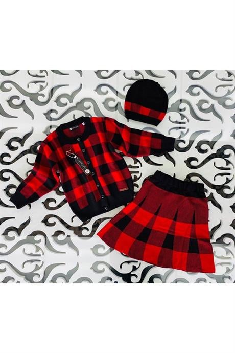 Kız Çocuk Kareli Düğmeli Hırka Triko Etek Bere 3'lü Takım KIRMIZI 4 Yaş