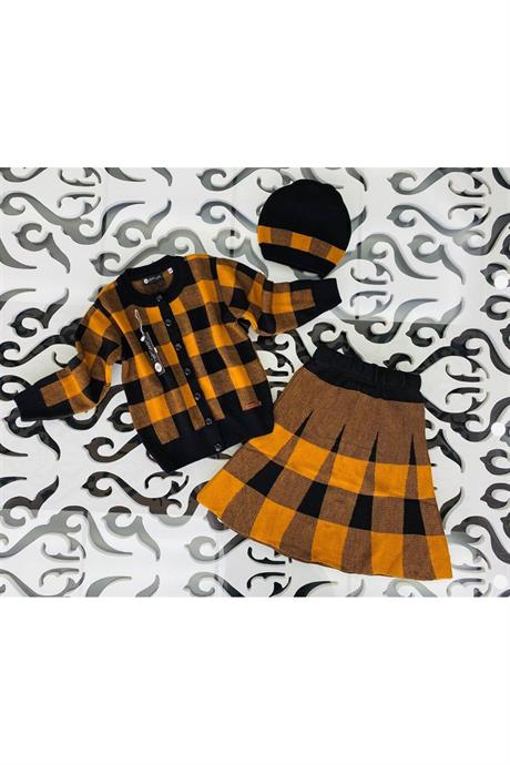 Kız Çocuk Kareli Düğmeli Hırka Triko Etek Bere 3'lü Takım HARDAL 4 Yaş