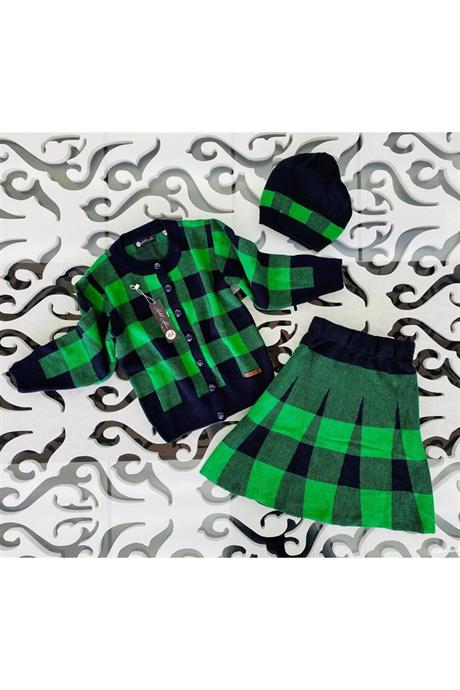 Kız Çocuk Kareli Düğmeli Hırka Triko Etek Bere 3'lü Takım YEŞİL 4 Yaş