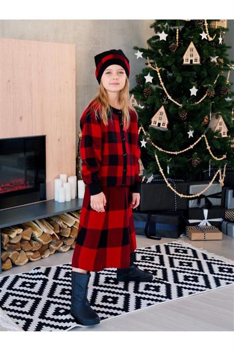 Kız Çocuk Kareli Düğmeli Hırka Triko Etek Bere 3'lü Takım KIRMIZI 4 Yaş