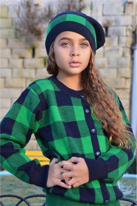 Kız Çocuk Kareli Düğmeli Hırka Triko Etek Bere 3'lü Takım YEŞİL 10 Yaş