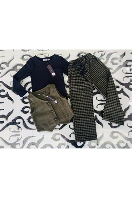Kız Çocuk Kaşe Yelek Siyah Badi Kazayağı Model Pantolon Üçlü Takım HAKİ 12 Yaş