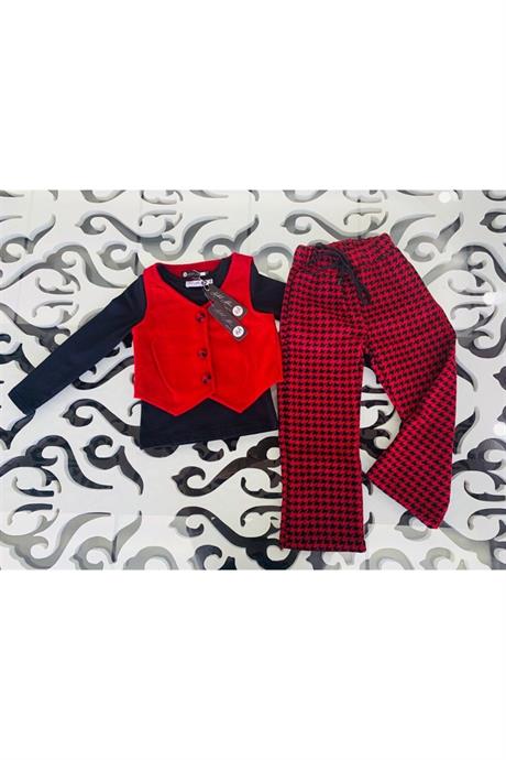 Kız Çocuk Kaşe Yelek Siyah Badi Kazayağı Model Pantolon Üçlü Takım KIRMIZI 14 Yaş