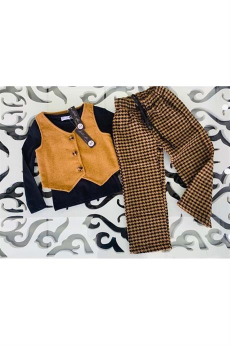 Kız Çocuk Kaşe Yelek Siyah Badi Kazayağı Model Pantolon Üçlü Takım HARDAL 6 Yaş