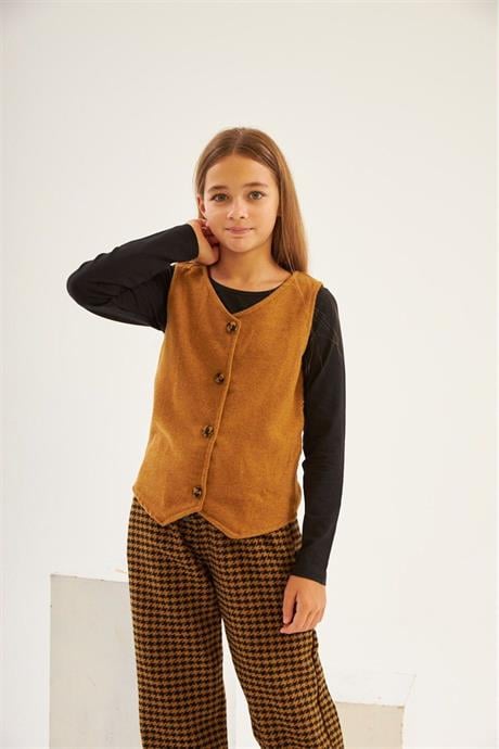 Kız Çocuk Kaşe Yelek Siyah Badi Kazayağı Model Pantolon Üçlü Takım HARDAL 12 Yaş