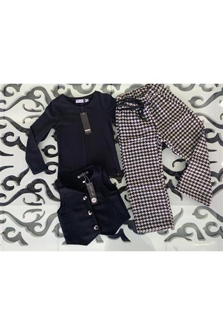 Kız Çocuk Kaşe Yelek Siyah Badi Kazayağı Model Pantolon Üçlü Takım SİYAH 12 Yaş