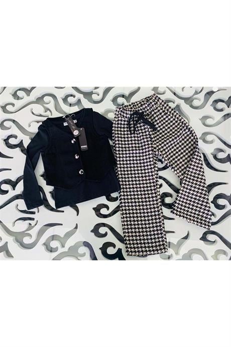 Kız Çocuk Kaşe Yelek Siyah Badi Kazayağı Model Pantolon Üçlü Takım SİYAH 4 Yaş