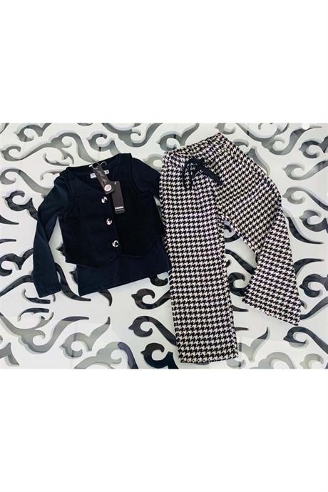 Kız Çocuk Kaşe Yelek Siyah Badi Kazayağı Model Pantolon Üçlü Takım SİYAH 4 Yaş