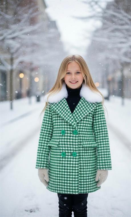 Kız Çocuk Kazayağı Desenli Kürk Yakalı Kaban Yeşil 4 Yaş